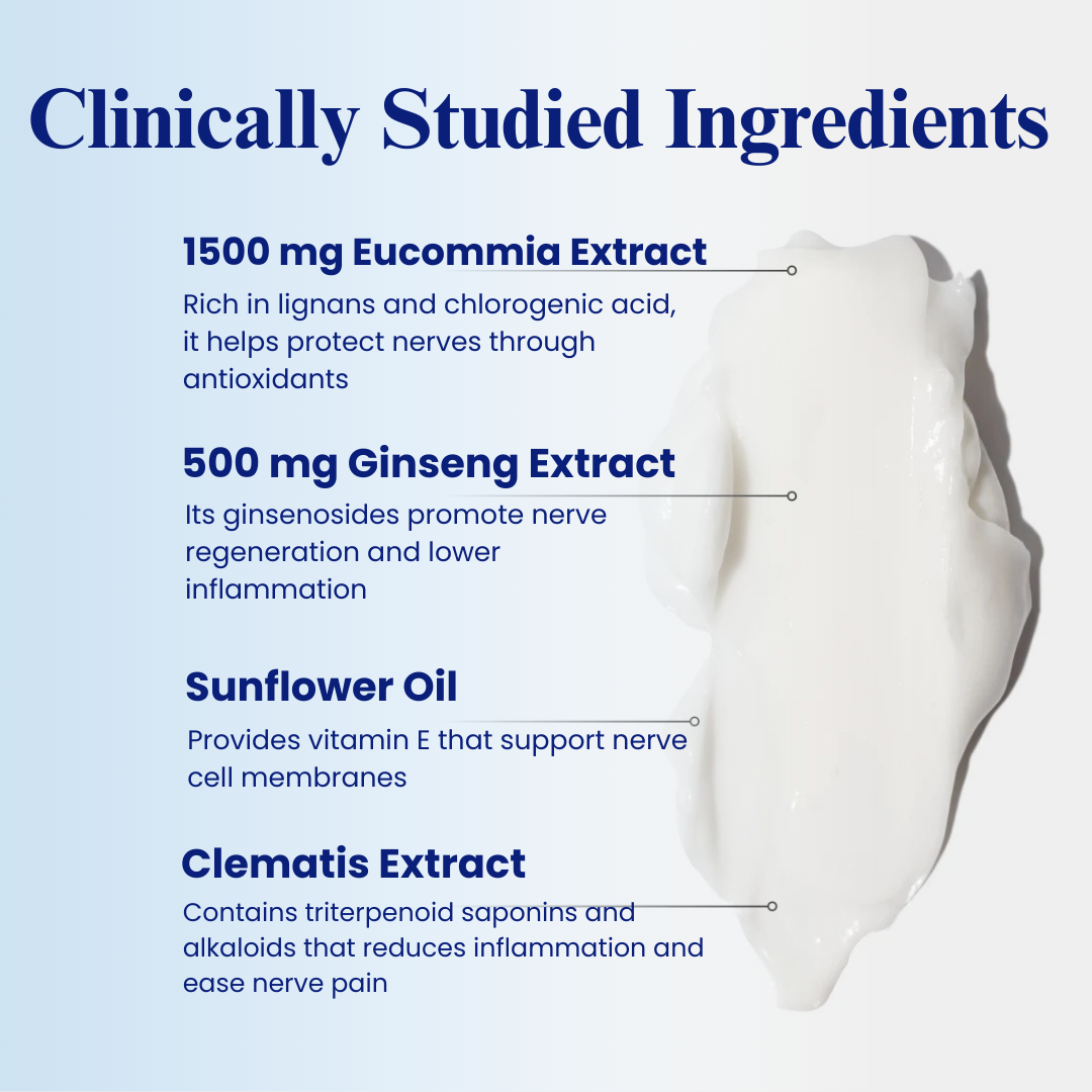 Product sciatica cream with clinically studied ingredients listed on a blue background