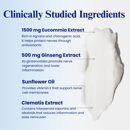 Product sciatica cream with clinically studied ingredients listed on a blue background